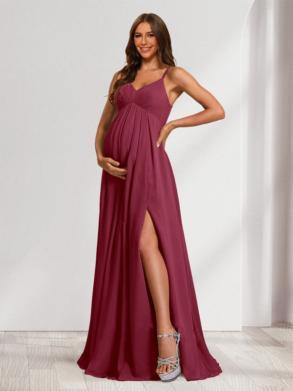 A-Line/Princess Spaghetti Straps Floor-Length Baby Shower Bridesmaid Dresses with Split Side & Pleats