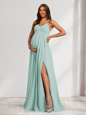 A-Line/Princess Spaghetti Straps Floor-Length Baby Shower Bridesmaid Dresses with Split Side & Pleats