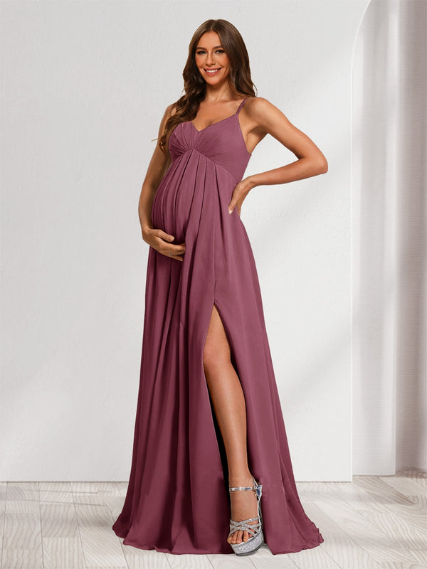 A-Line/Princess Spaghetti Straps Floor-Length Baby Shower Bridesmaid Dresses with Split Side & Pleats