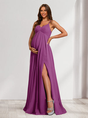 A-Line/Princess Spaghetti Straps Floor-Length Baby Shower Bridesmaid Dresses with Split Side & Pleats