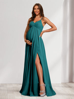 A-Line/Princess Spaghetti Straps Floor-Length Baby Shower Bridesmaid Dresses with Split Side & Pleats