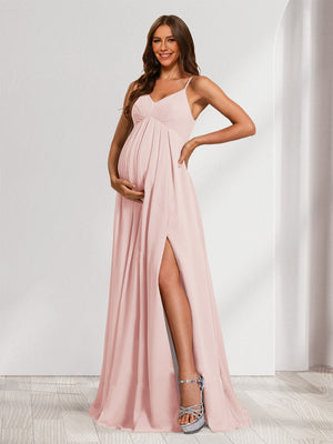 A-Line/Princess Spaghetti Straps Floor-Length Baby Shower Bridesmaid Dresses with Split Side & Pleats