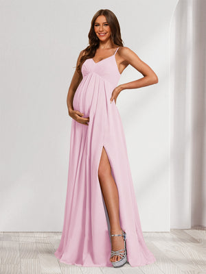 A-Line/Princess Spaghetti Straps Floor-Length Baby Shower Bridesmaid Dresses with Split Side & Pleats