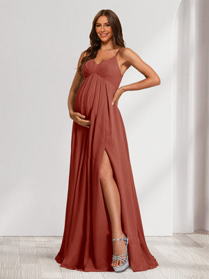 A-Line/Princess Spaghetti Straps Floor-Length Baby Shower Bridesmaid Dresses with Split Side & Pleats