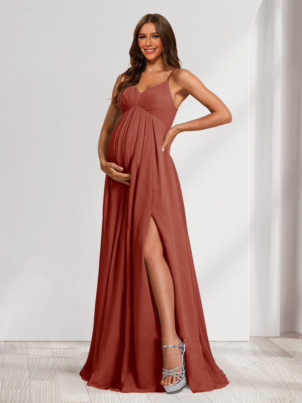 A-Line/Princess Spaghetti Straps Floor-Length Baby Shower Bridesmaid Dresses with Split Side & Pleats