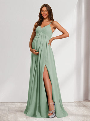 A-Line/Princess Spaghetti Straps Floor-Length Baby Shower Bridesmaid Dresses with Split Side & Pleats
