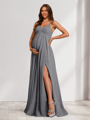 A-Line/Princess Spaghetti Straps Floor-Length Baby Shower Bridesmaid Dresses with Split Side & Pleats