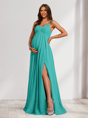 A-Line/Princess Spaghetti Straps Floor-Length Baby Shower Bridesmaid Dresses with Split Side & Pleats