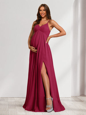 A-Line/Princess Spaghetti Straps Floor-Length Baby Shower Bridesmaid Dresses with Split Side & Pleats
