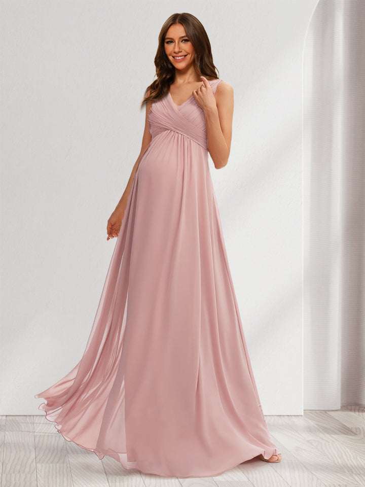 A-Line/Princess V-Neck Sleeveless Ruched Sweet Maternity Bridesmaid Dresses with Pleats