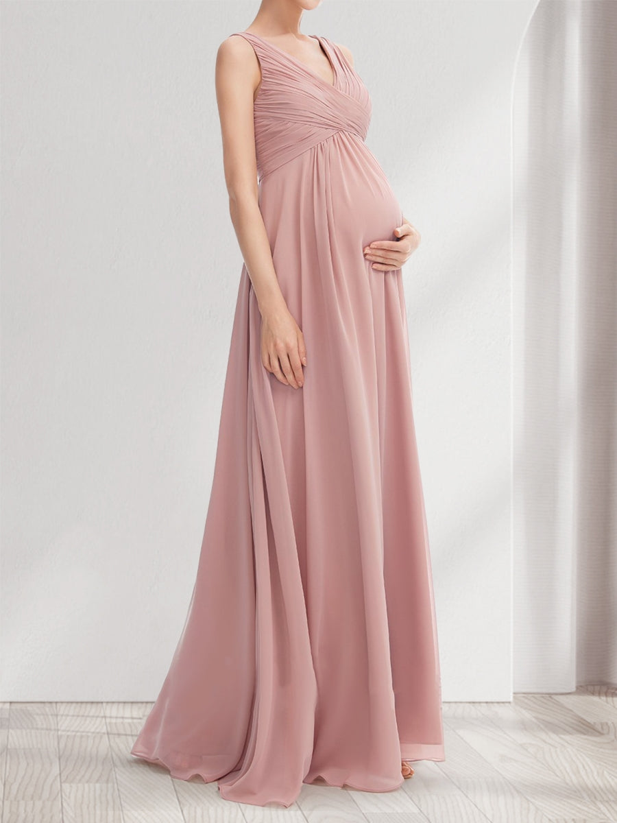 A-Line/Princess V-Neck Sleeveless Ruched Sweet Maternity Bridesmaid Dresses with Pleats