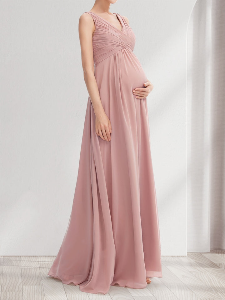 A-Line/Princess V-Neck Sleeveless Ruched Sweet Maternity Bridesmaid Dresses with Pleats