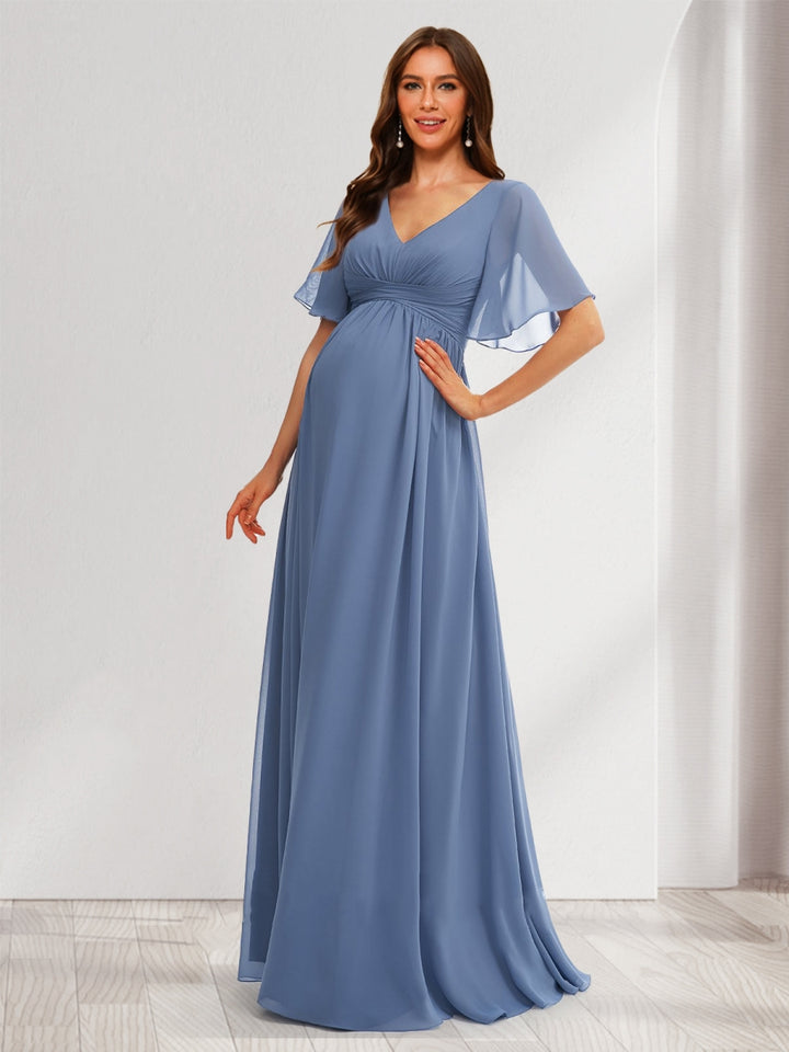A-Line/Princess V-Neck Short Sleeves Chiffon Maternity Bridesmaid Dresses with Ruffles &amp; Pleats