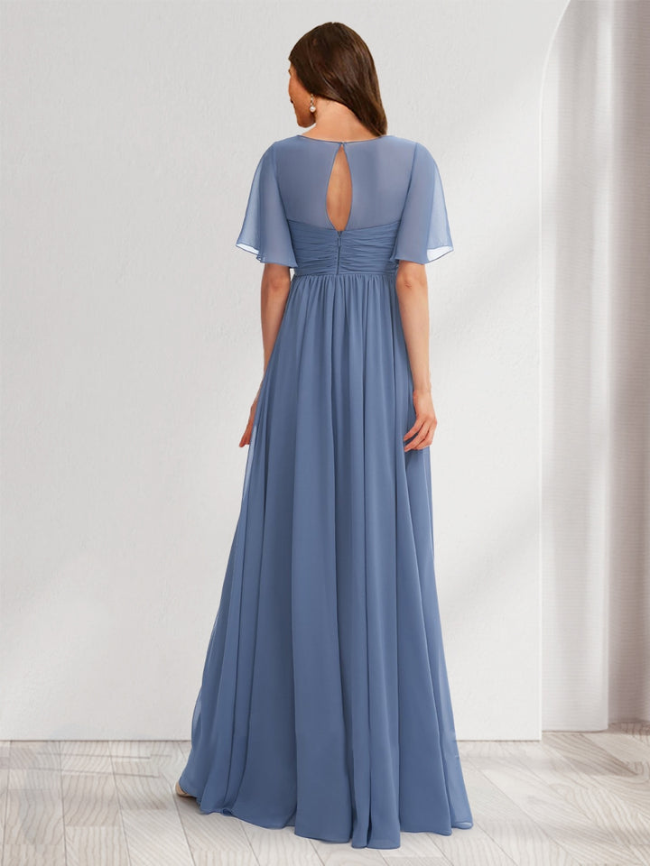 A-Line/Princess V-Neck Short Sleeves Chiffon Maternity Bridesmaid Dresses with Ruffles &amp; Pleats