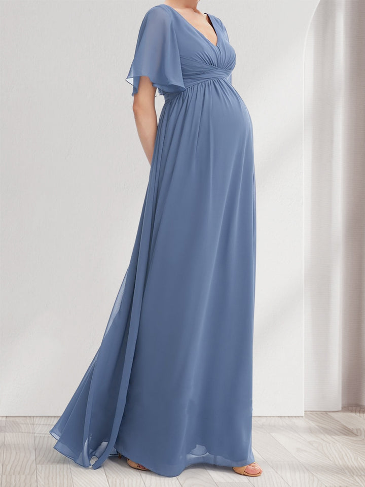 A-Line/Princess V-Neck Short Sleeves Chiffon Maternity Bridesmaid Dresses with Ruffles &amp; Pleats