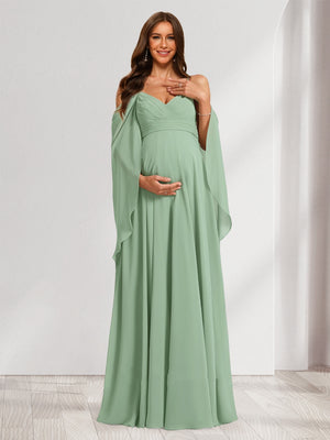 A-Line/Princess Cold Shoulder Ruched Floor-Length Baby Shower Bridesmaid Dresses with Ruffles & Cape