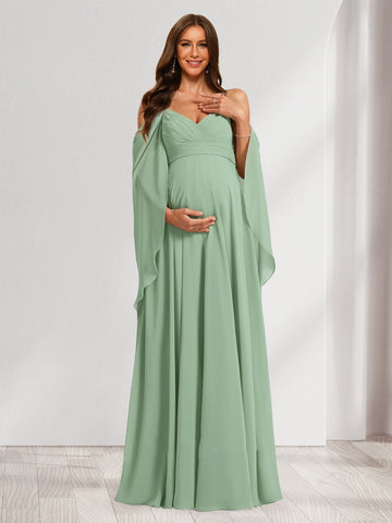 A-Line/Princess Cold Shoulder Ruched Floor-Length Baby Shower Bridesmaid Dresses with Ruffles & Cape
