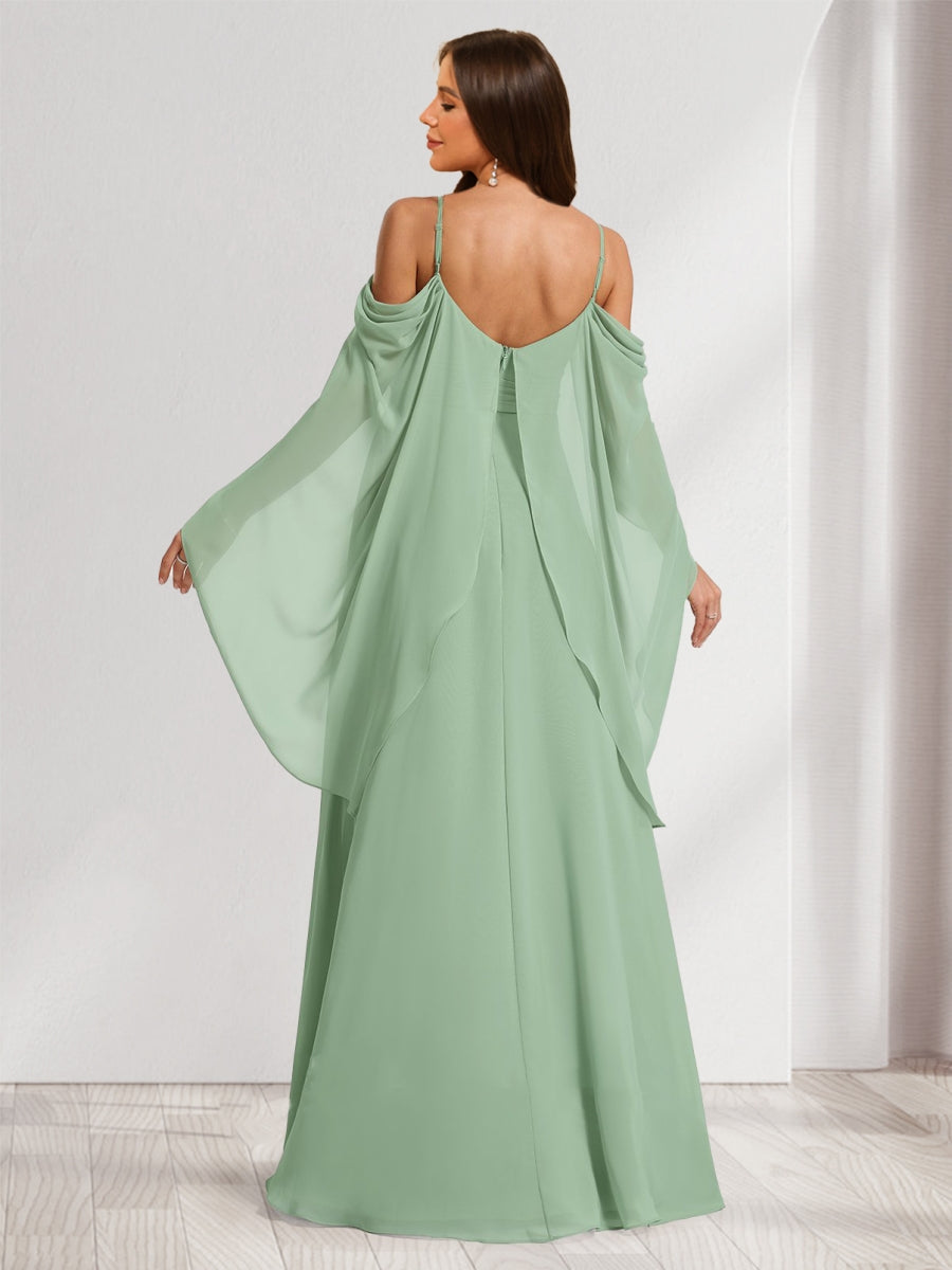 A-Line/Princess Cold Shoulder Ruched Floor-Length Maternity Bridesmaid Dresses with Ruffles &amp; Cape