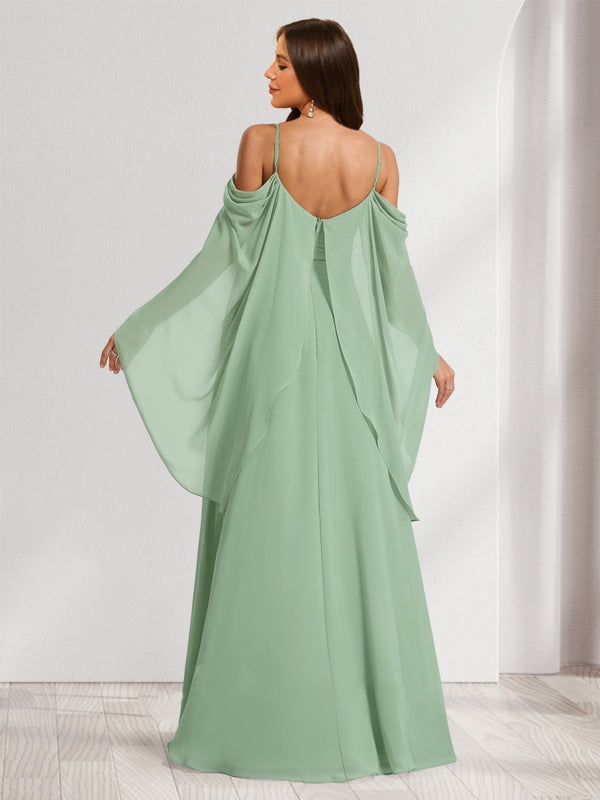 A-Line/Princess Cold Shoulder Ruched Floor-Length Baby Shower Bridesmaid Dresses with Ruffles & Cape