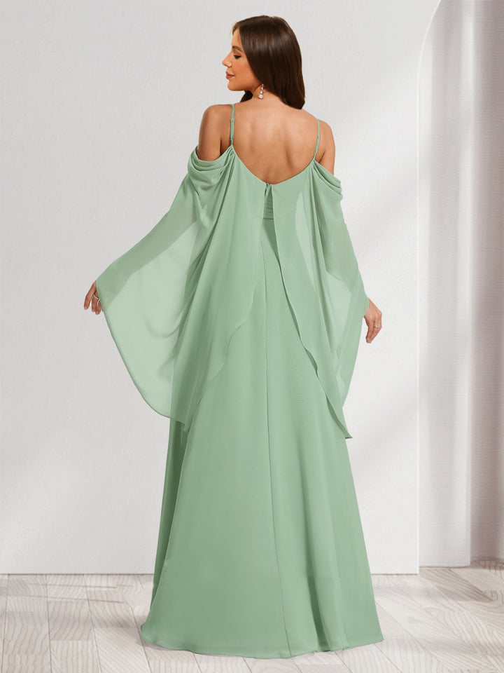 A-Line/Princess Cold Shoulder Ruched Floor-Length Maternity Bridesmaid Dresses with Ruffles &amp; Cape