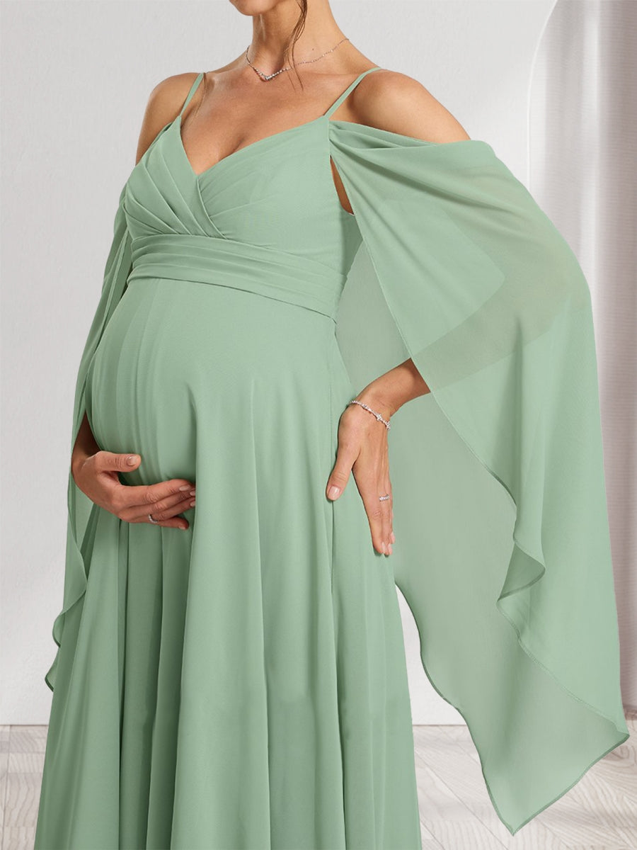 A-Line/Princess Cold Shoulder Ruched Floor-Length Maternity Bridesmaid Dresses with Ruffles &amp; Cape