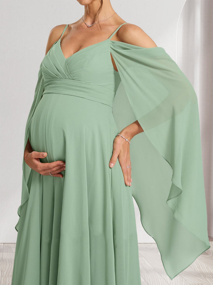 A-Line/Princess Cold Shoulder Ruched Floor-Length Maternity Bridesmaid Dresses with Ruffles &amp; Cape