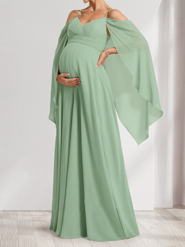 A-Line/Princess Cold Shoulder Ruched Floor-Length Baby Shower Bridesmaid Dresses with Ruffles & Cape