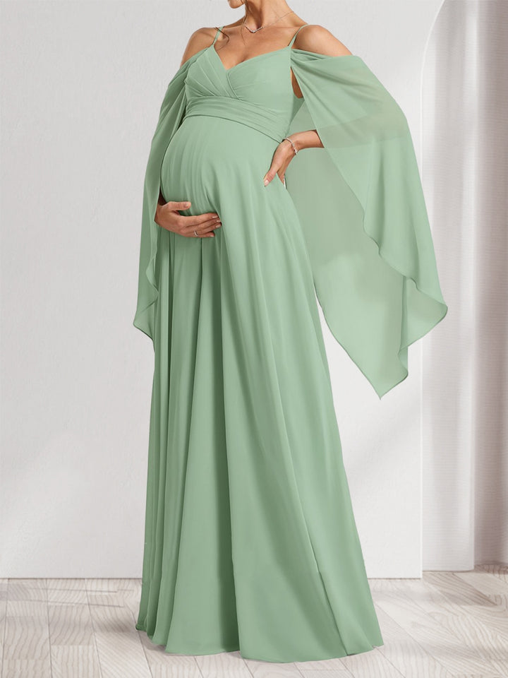 A-Line/Princess Cold Shoulder Ruched Floor-Length Maternity Bridesmaid Dresses with Ruffles &amp; Cape
