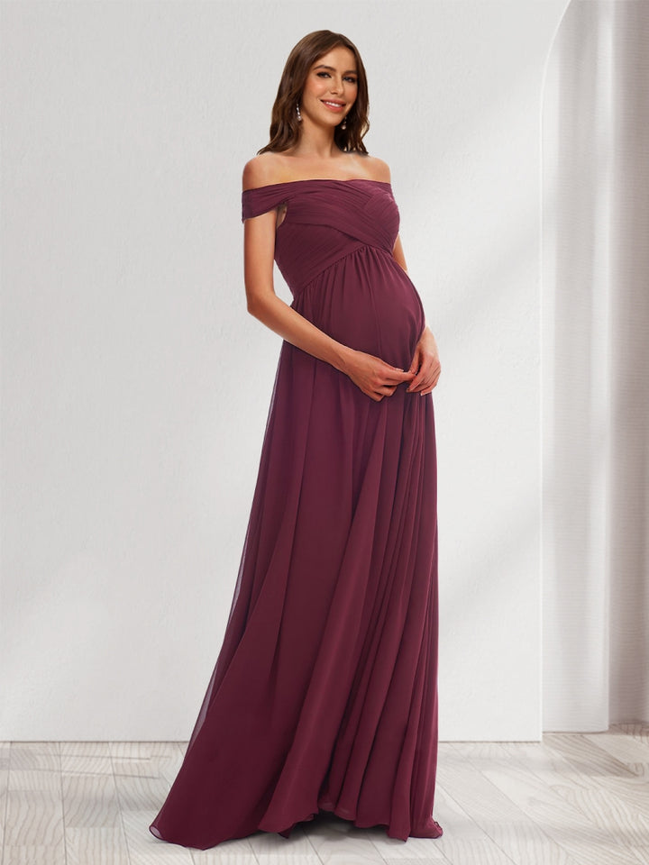 A-Line/Princess Off-the-Shoulder Floor-Length Pleated Maternity Bridesmaid Dresses with Split Side