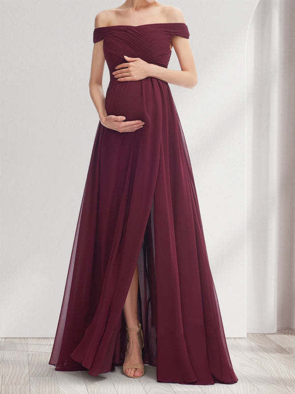 A-Line/Princess Off-the-Shoulder Floor-Length Pleated Baby Shower Bridesmaid Dresses with Split Side