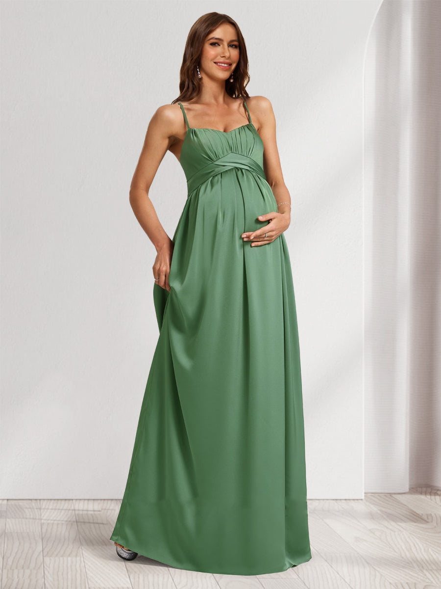 A-Line/Princess Spaghetti Straps Sleeveless Ruched Maternity Bridesmaid Dresses with Bow Tie