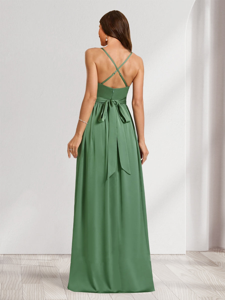 A-Line/Princess Spaghetti Straps Sleeveless Ruched Maternity Bridesmaid Dresses with Bow Tie