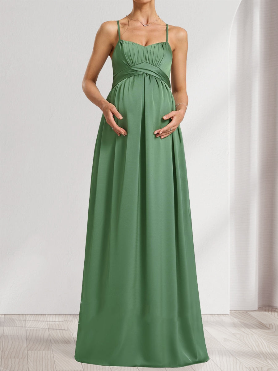 A-Line/Princess Spaghetti Straps Sleeveless Ruched Maternity Bridesmaid Dresses with Bow Tie