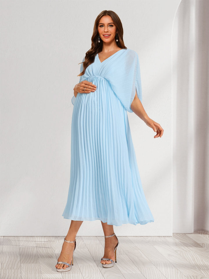 A-Line/Princess V-Neck Half Sleeves Ruched Elegant Maternity Bridesmaid Dresses with Pleats