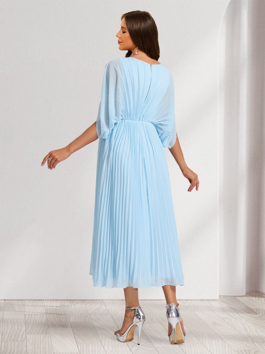 A-Line/Princess V-Neck Half Sleeves Ruched Elegant Maternity Bridesmaid Dresses with Pleats