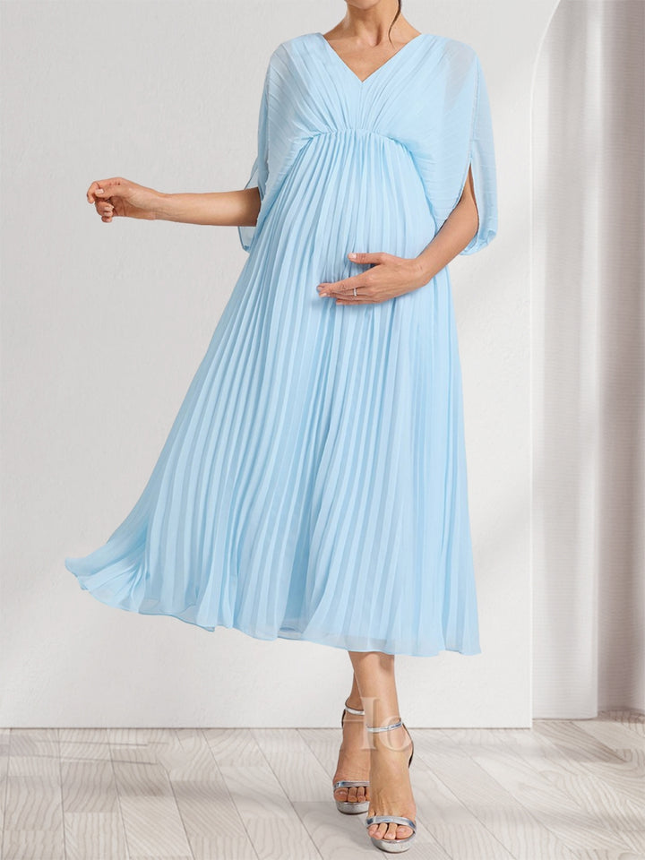 A-Line/Princess V-Neck Half Sleeves Ruched Elegant Maternity Bridesmaid Dresses with Pleats