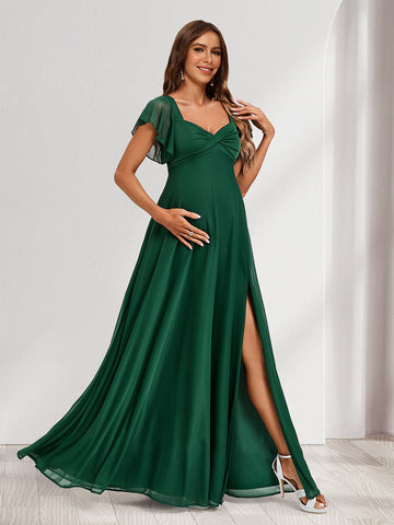 A-Line/Princess V-Neck Floor-Length Baby Shower Bridesmaid Dresses with Split Side & Straps