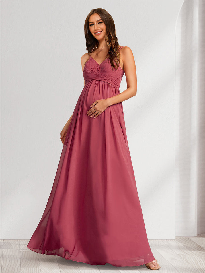 A-Line/Princess V-Neck Ruched Long Maternity Bridesmaid Dresses with Pleats &amp; Appliques