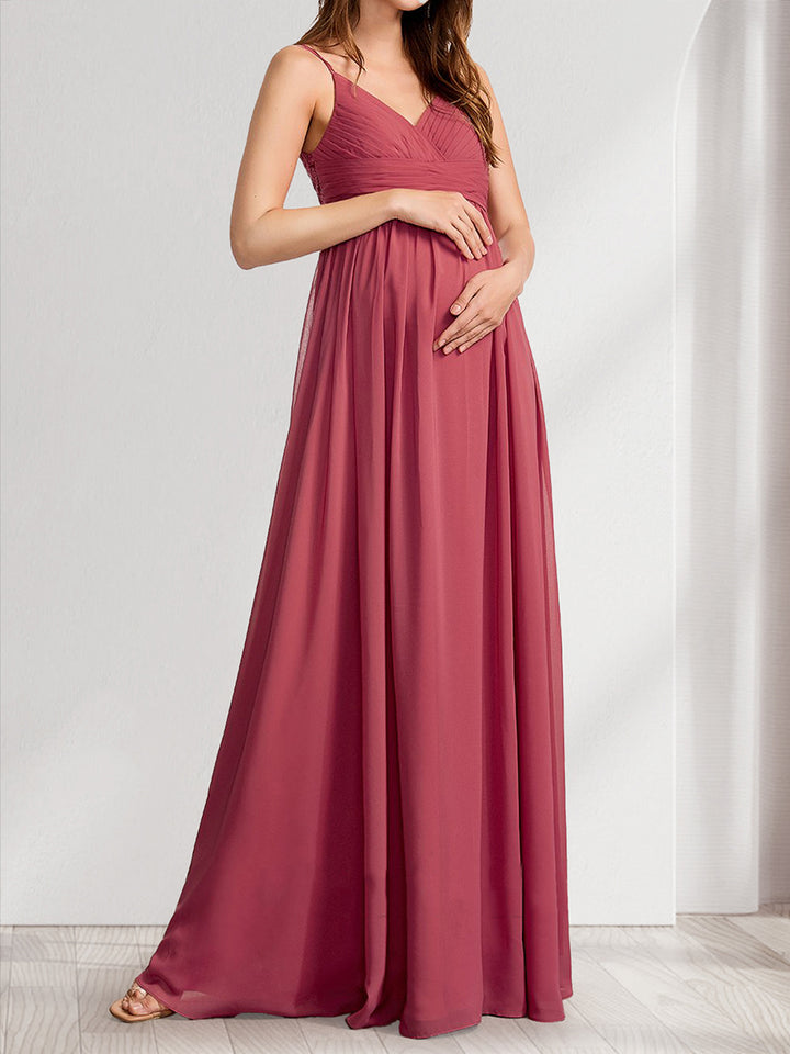 A-Line/Princess V-Neck Ruched Long Maternity Bridesmaid Dresses with Pleats &amp; Appliques