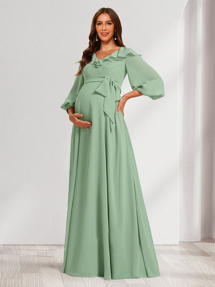 A-Line/Princess V-Neck Long Sleeves Maternity Bridesmaid Dresses with Ruffles &amp; Bow