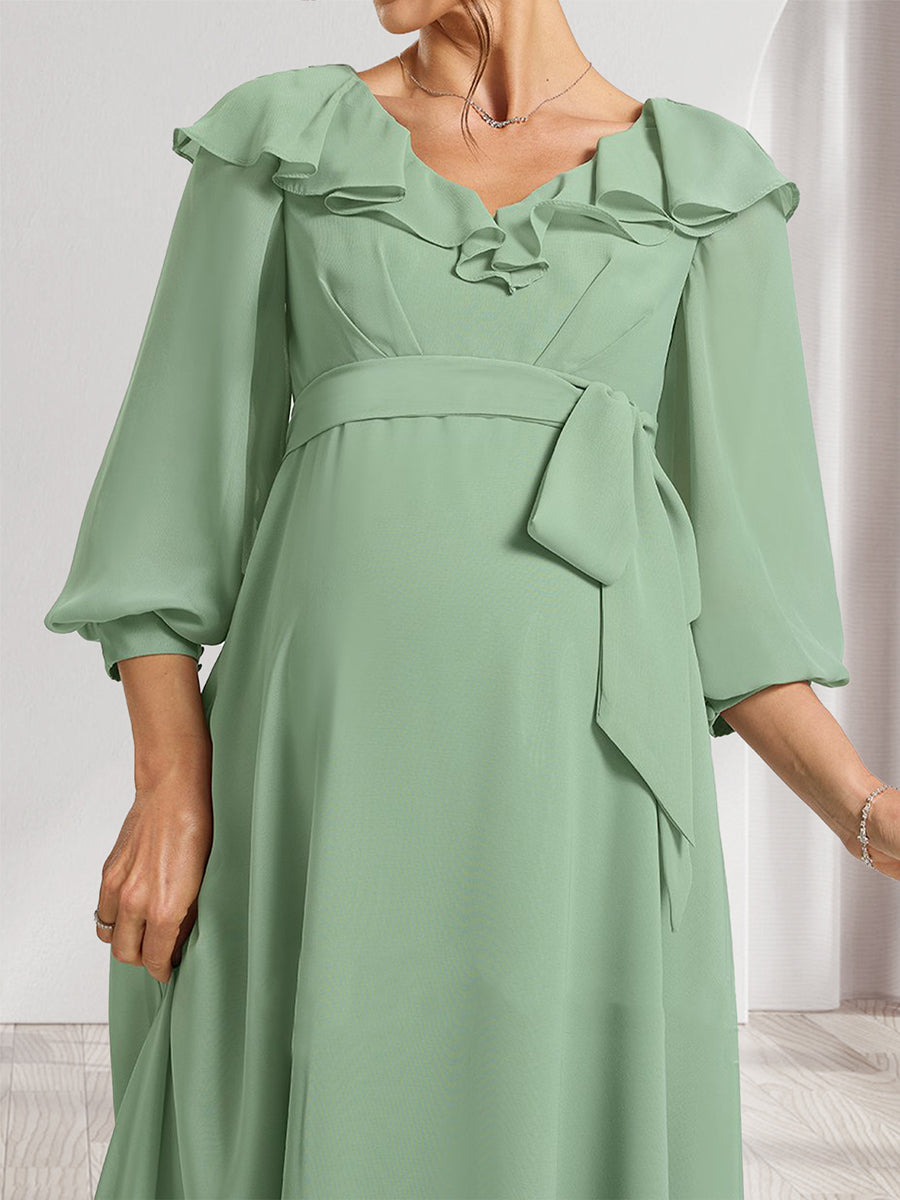 A-Line/Princess V-Neck Long Sleeves Maternity Bridesmaid Dresses with Ruffles &amp; Bow