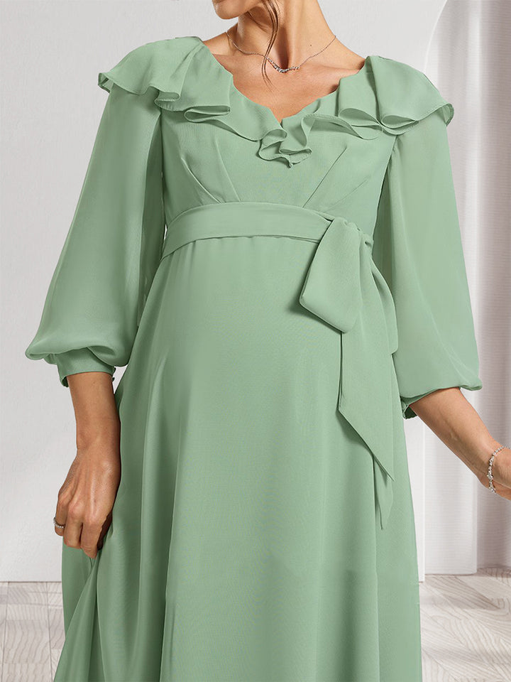 A-Line/Princess V-Neck Long Sleeves Maternity Bridesmaid Dresses with Ruffles &amp; Bow