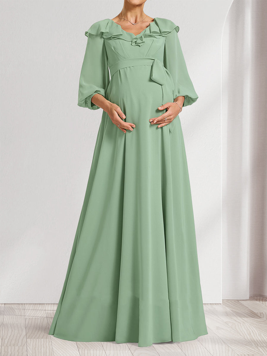 A-Line/Princess V-Neck Long Sleeves Maternity Bridesmaid Dresses with Ruffles &amp; Bow