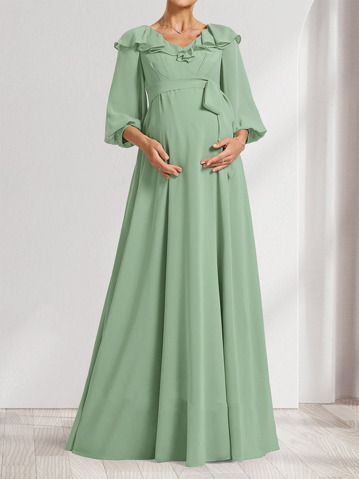A-Line/Princess V-Neck Long Sleeves Maternity Bridesmaid Dresses with Ruffles &amp; Bow