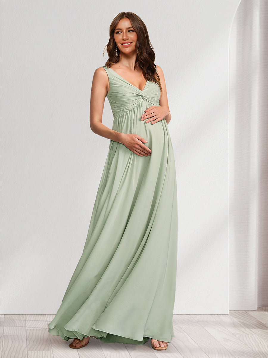 A-Line/Princess V-Neck Ruched Floor-Length Maternity Dresses with Pleats