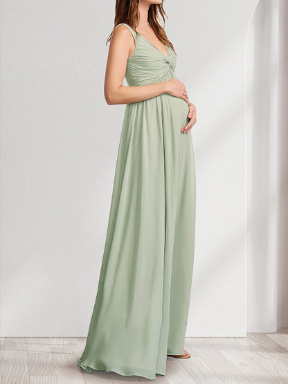 A-Line/Princess V-Neck Ruched Floor-Length Maternity Dresses with Pleats