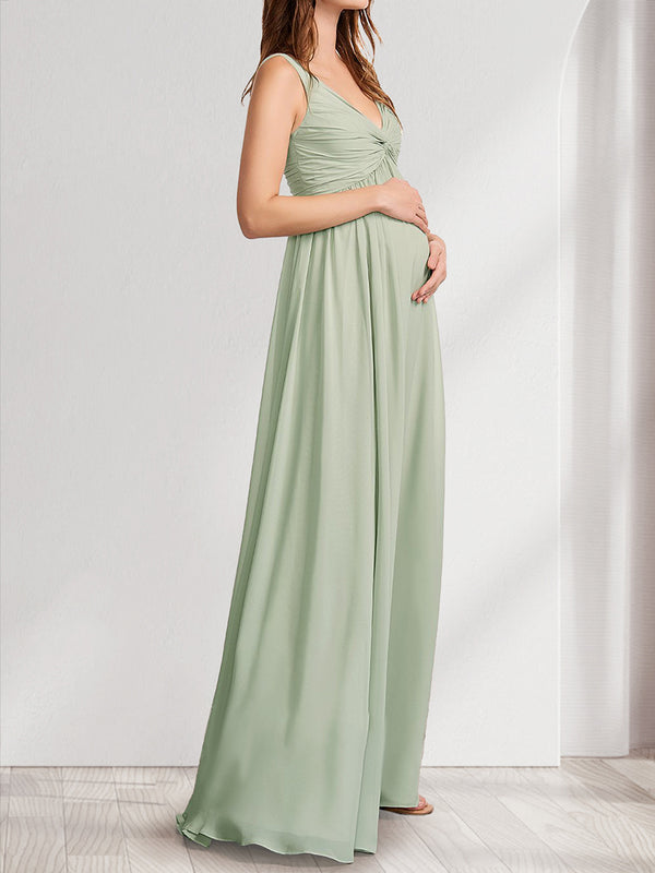 A-Line/Princess V-Neck Ruched Floor-Length Baby Shower Bridesmaid Dresses with Pleats