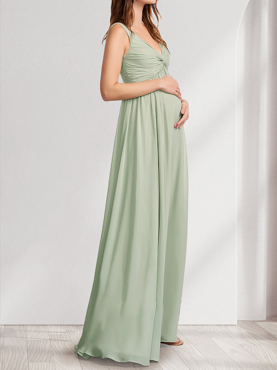 A-Line/Princess V-Neck Ruched Floor-Length Maternity Dresses with Pleats