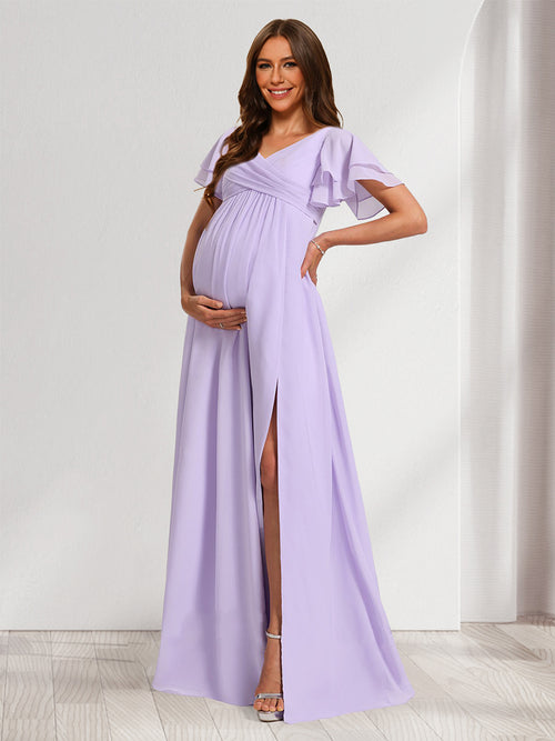 A-Line/Princess V-Neck Ruched Chiffon Baby Shower Bridesmaid Dresses with Pleats & Ruffles