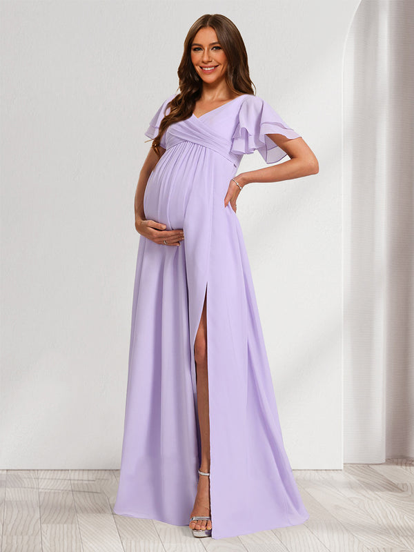 A-Line/Princess V-Neck Ruched Chiffon Baby Shower Bridesmaid Dresses with Pleats & Ruffles